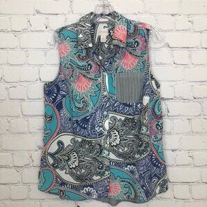 Chicos No-Iron Buttondown Shirt Size 1 Sleeveless Paisley Floral Striped